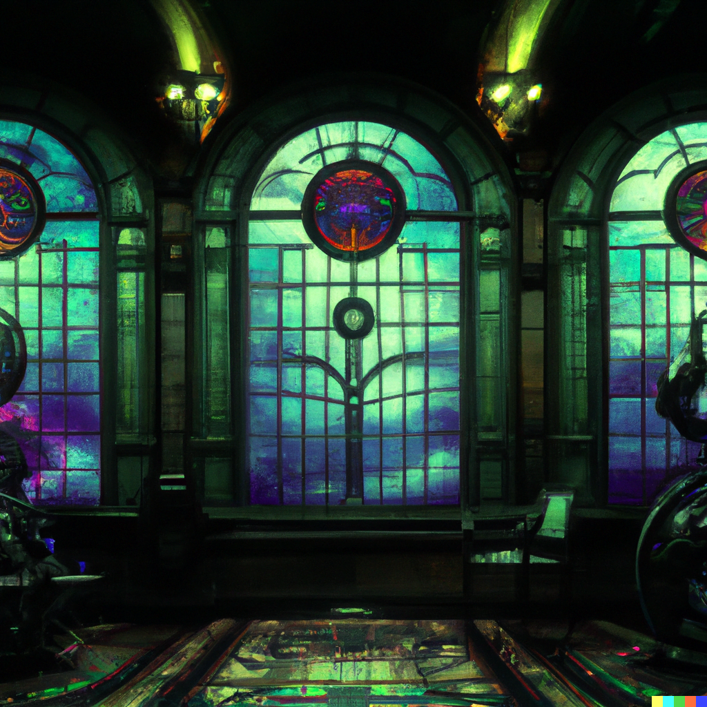 DALL·E 2022-07-16 23.46.02 – a well lit room with stained glass windows filled with cyberpunk machinery by Zdzisław Beksiński and PAUL GUSTAVE DORÉ neon glow