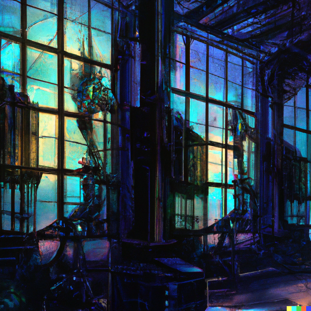DALL·E 2022-07-16 23.46.09 – a well lit room with stained glass windows filled with cyberpunk machinery by Zdzisław Beksiński and PAUL GUSTAVE DORÉ neon glow
