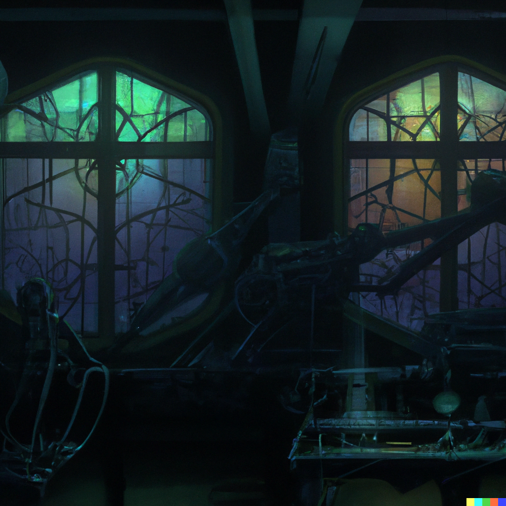 DALL·E 2022-07-16 23.46.13 – a well lit room with stained glass windows filled with cyberpunk machinery by Zdzisław Beksiński and PAUL GUSTAVE DORÉ neon glow