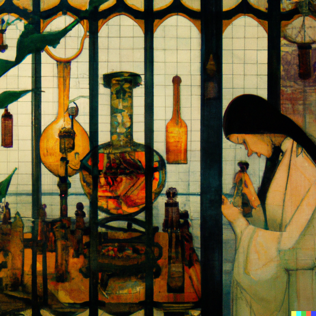 DALL·E 2022-07-16 23.47.20 – a stained glass apothecary filled with desks and magical elixirs by Zdzisław Beksiński