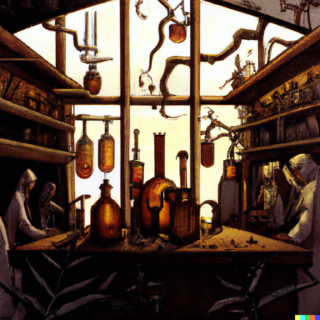 DALL·E 2022-07-16 23.47.35 – a stained glass apothecary filled with desks and magical elixirs by Zdzisław Beksiński