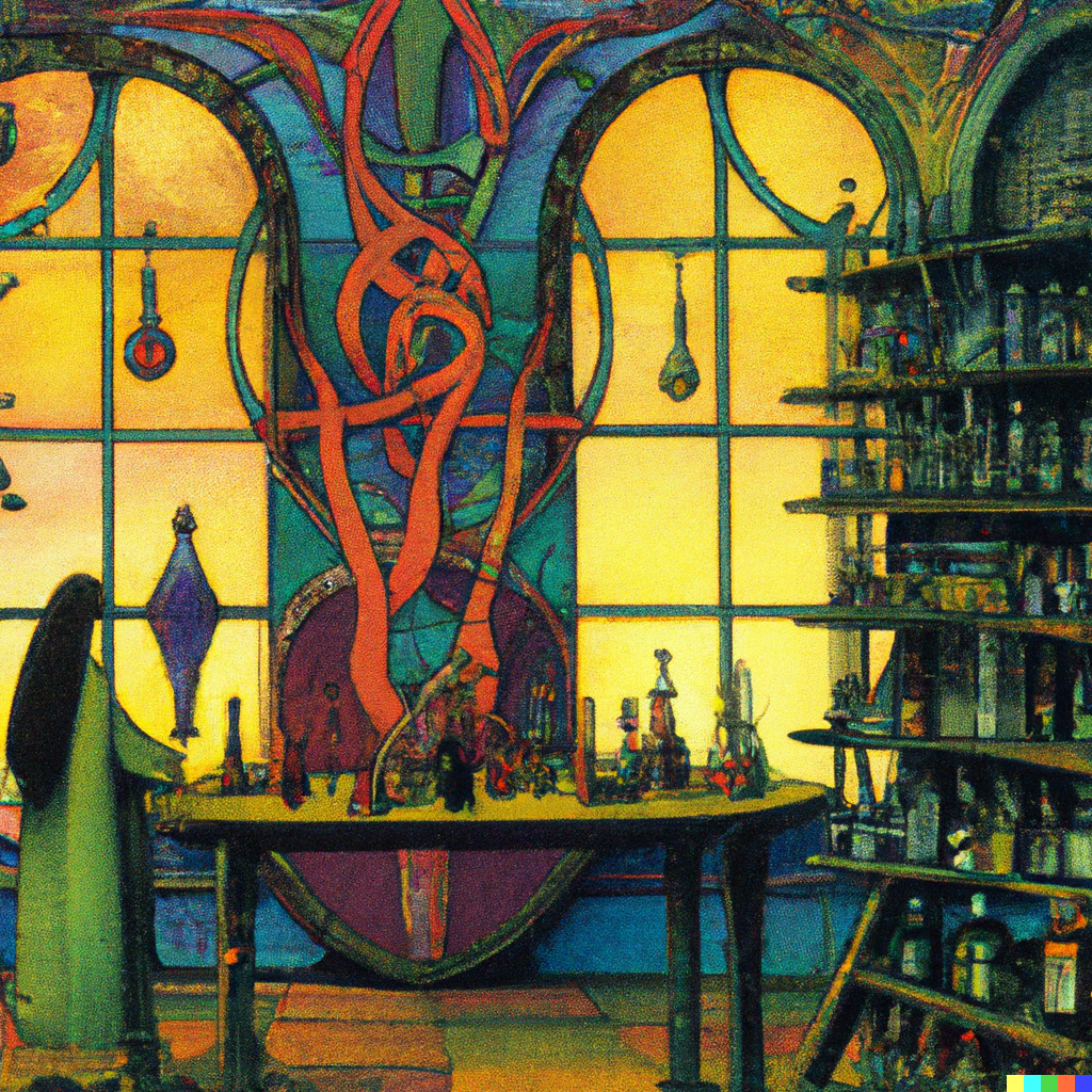 DALL·E 2022-07-16 23.47.57 – a stained glass apothecary filled with desks and magical elixirs by Zdzisław Beksiński