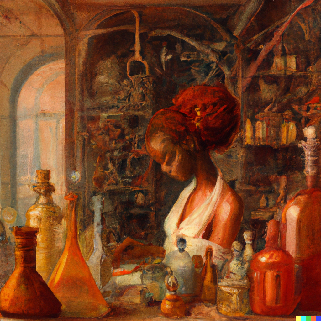 DALL·E 2022-07-16 23.48.39 – apothecary filled with desks and magical elixirs by Zdzisław Beksiński