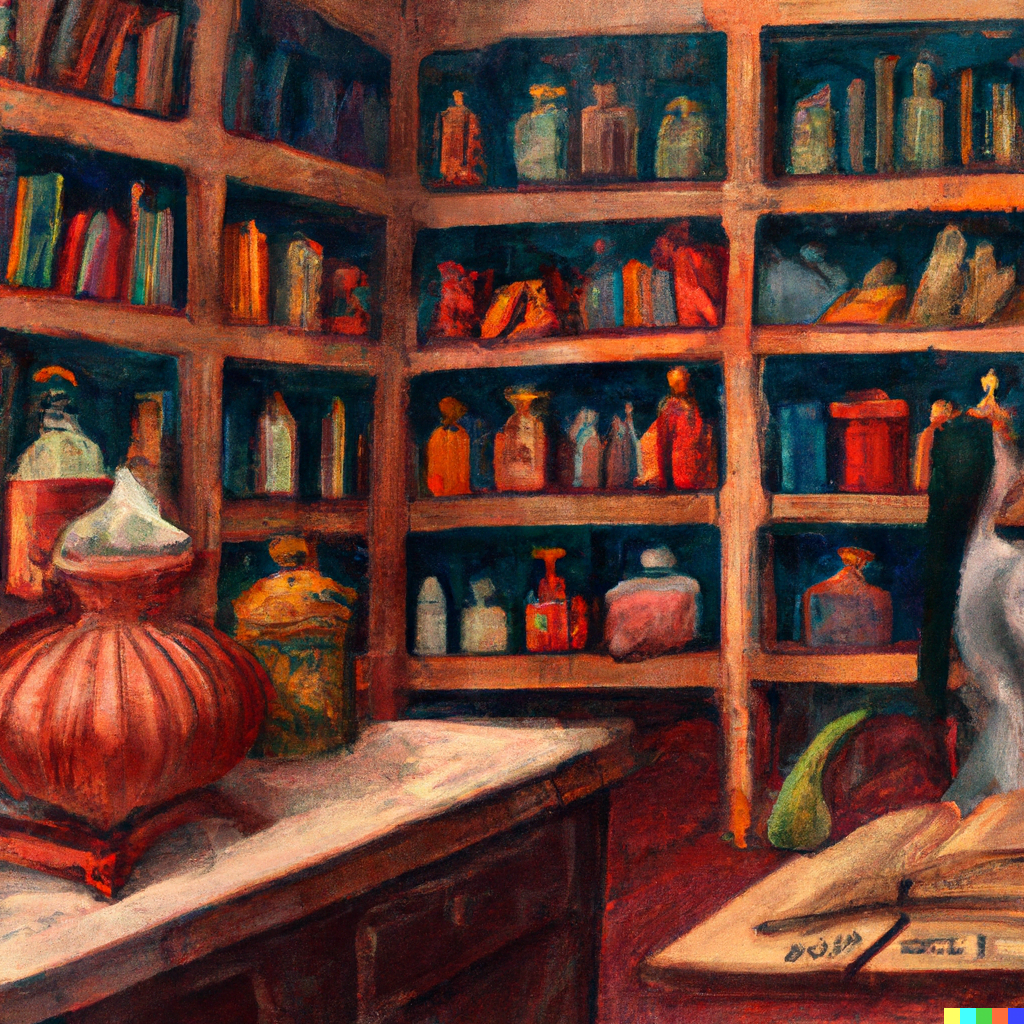 DALL·E 2022-07-16 23.48.50 – apothecary filled with desks and magical elixirs by Zdzisław Beksiński