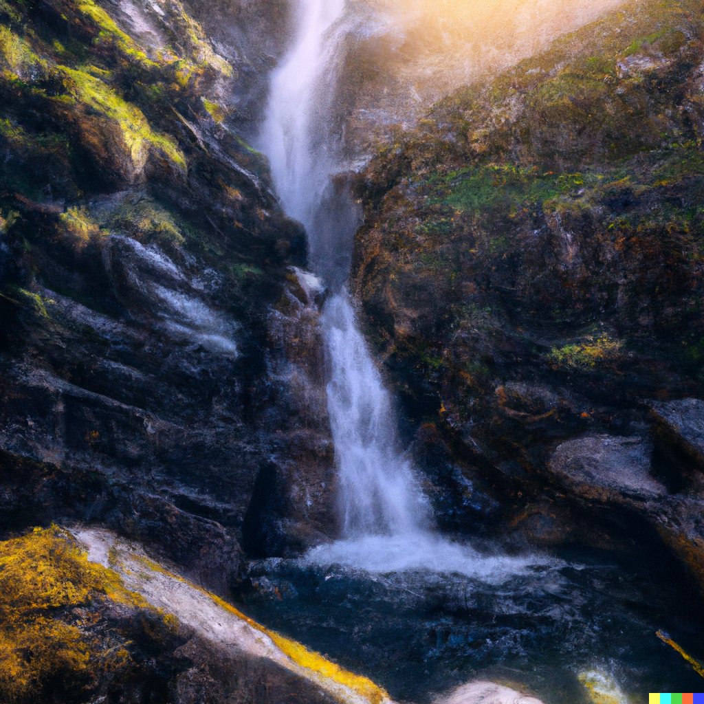 DALL·E 2022-07-17 14.56.39 – a magical cliff side waterfall by RAFFAELLO OSSOLA