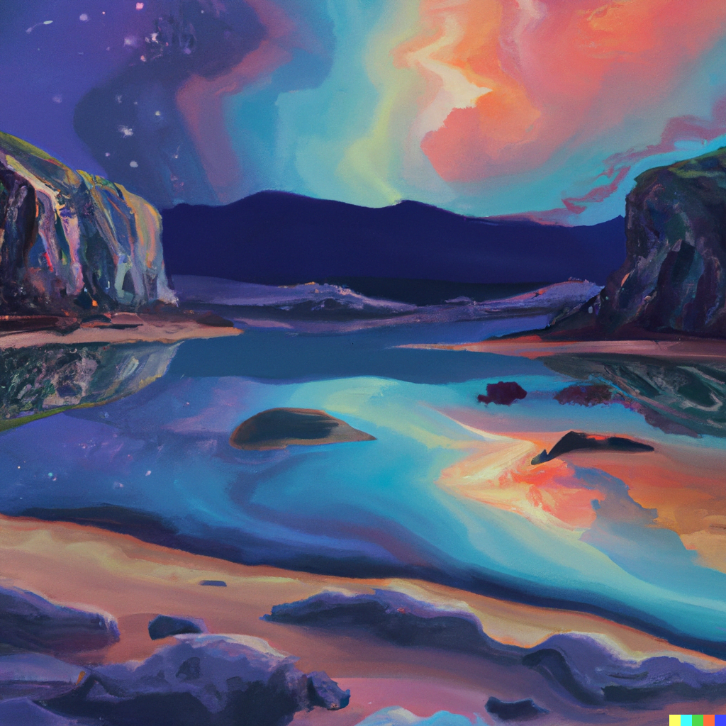 DALL·E 2022-07-17 14.57.33 – a fantastical colorful landscape surrounded by serene mountains by JAMES MCCARTHY