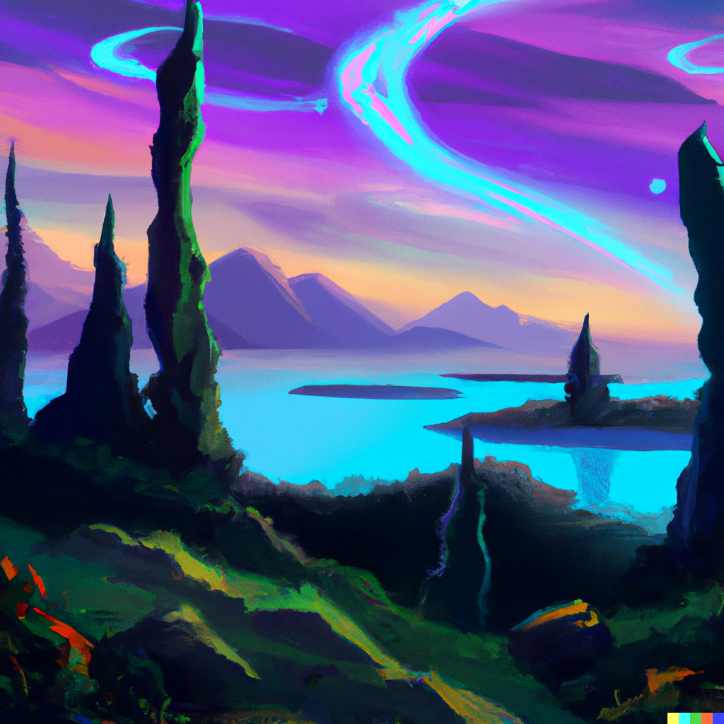 DALL·E 2022-07-17 14.57.38 – a fantastical colorful landscape surrounded by serene mountains by JAMES MCCARTHY