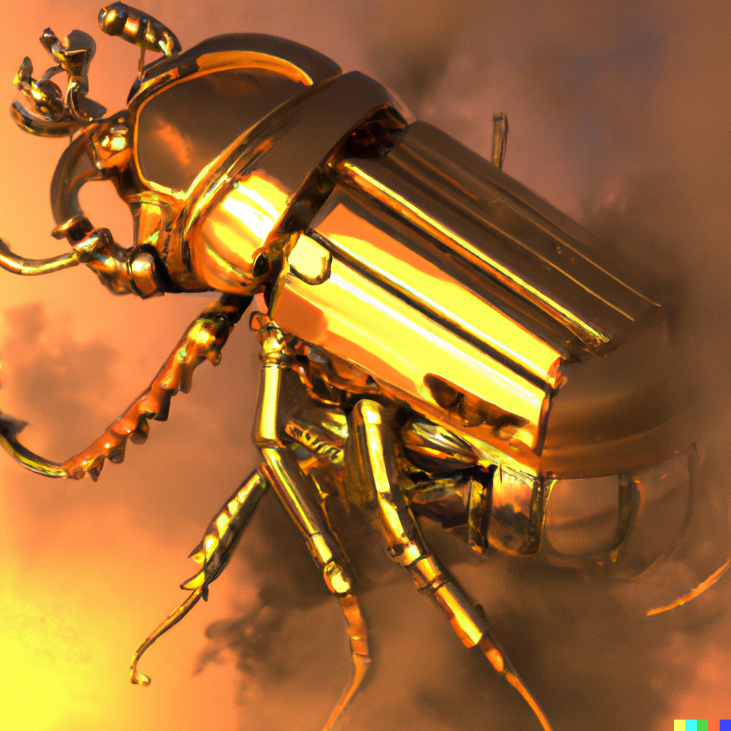 DALL·E 2022-07-17 14.59.14 – a mechanical golden biological cyberpunk beetle by TIM WHITE