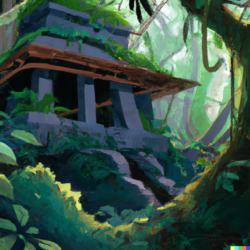 DALL·E 2022-07-17 15.01.16 – the ruins of a hidden temple deep in a jungle by Hiroo Isono illustration