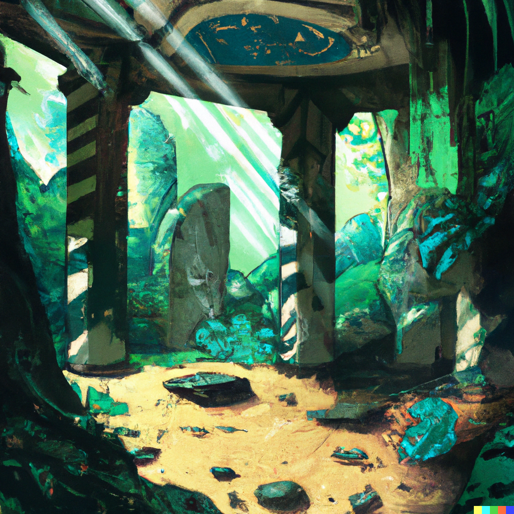 DALL·E 2022-07-17 15.01.20 – the ruins of a hidden temple deep in a jungle by Hiroo Isono illustration