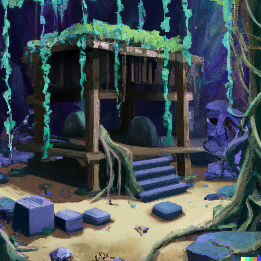 DALL·E 2022-07-17 15.01.26 – the ruins of a hidden temple deep in a jungle by Hiroo Isono illustration