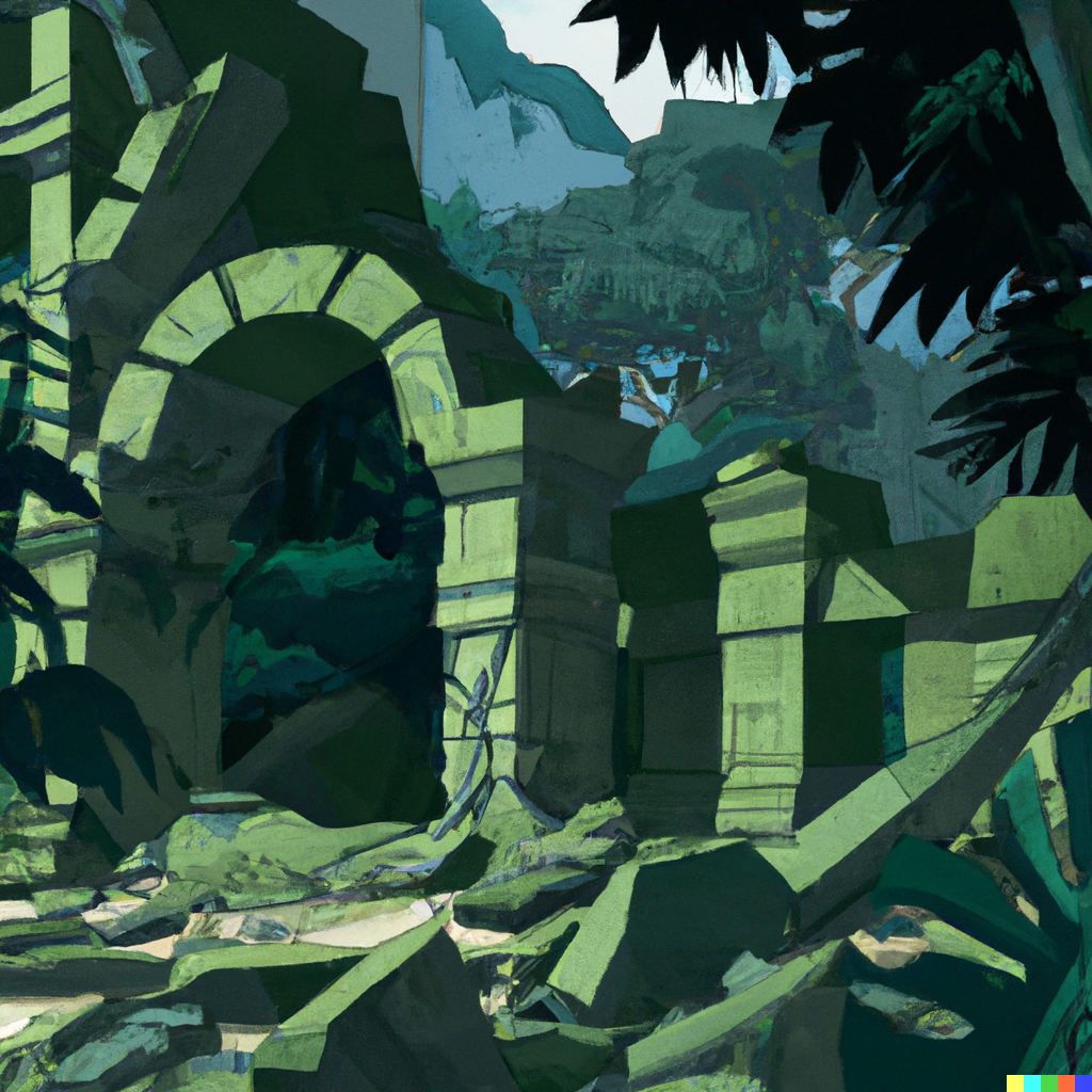 DALL·E 2022-07-17 15.01.31 – the ruins of a hidden temple deep in a jungle by Hiroo Isono illustration