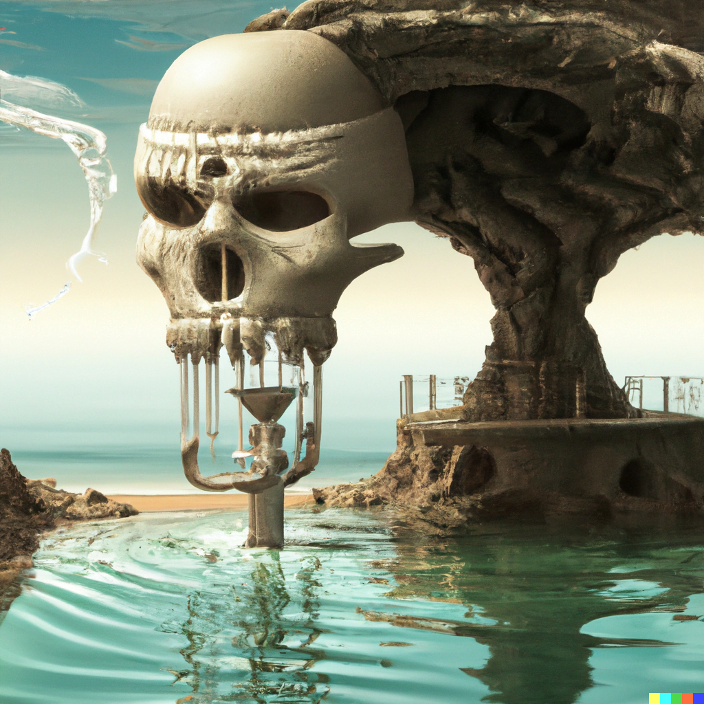 DALL·E 2022-07-17 15.02.48 – a surrealist beach with a fountain draining from an ancient cyborg skull by Wojciech Siudmak