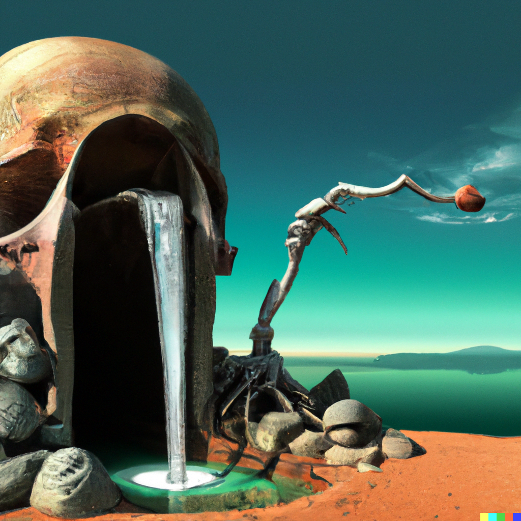 DALL·E 2022-07-17 15.03.00 – a surrealist beach with a fountain draining from an ancient cyborg skull by Wojciech Siudmak