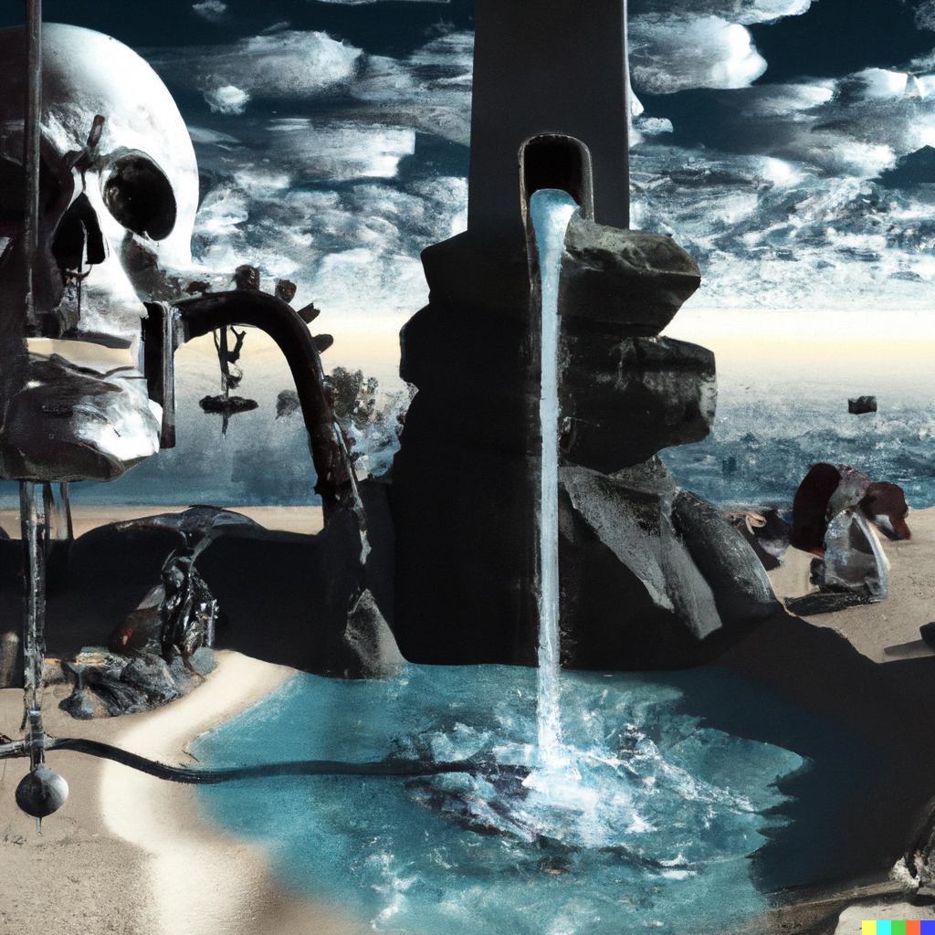 DALL·E 2022-07-17 15.03.06 – a surrealist beach with a fountain draining from an ancient cyborg skull by Wojciech Siudmak