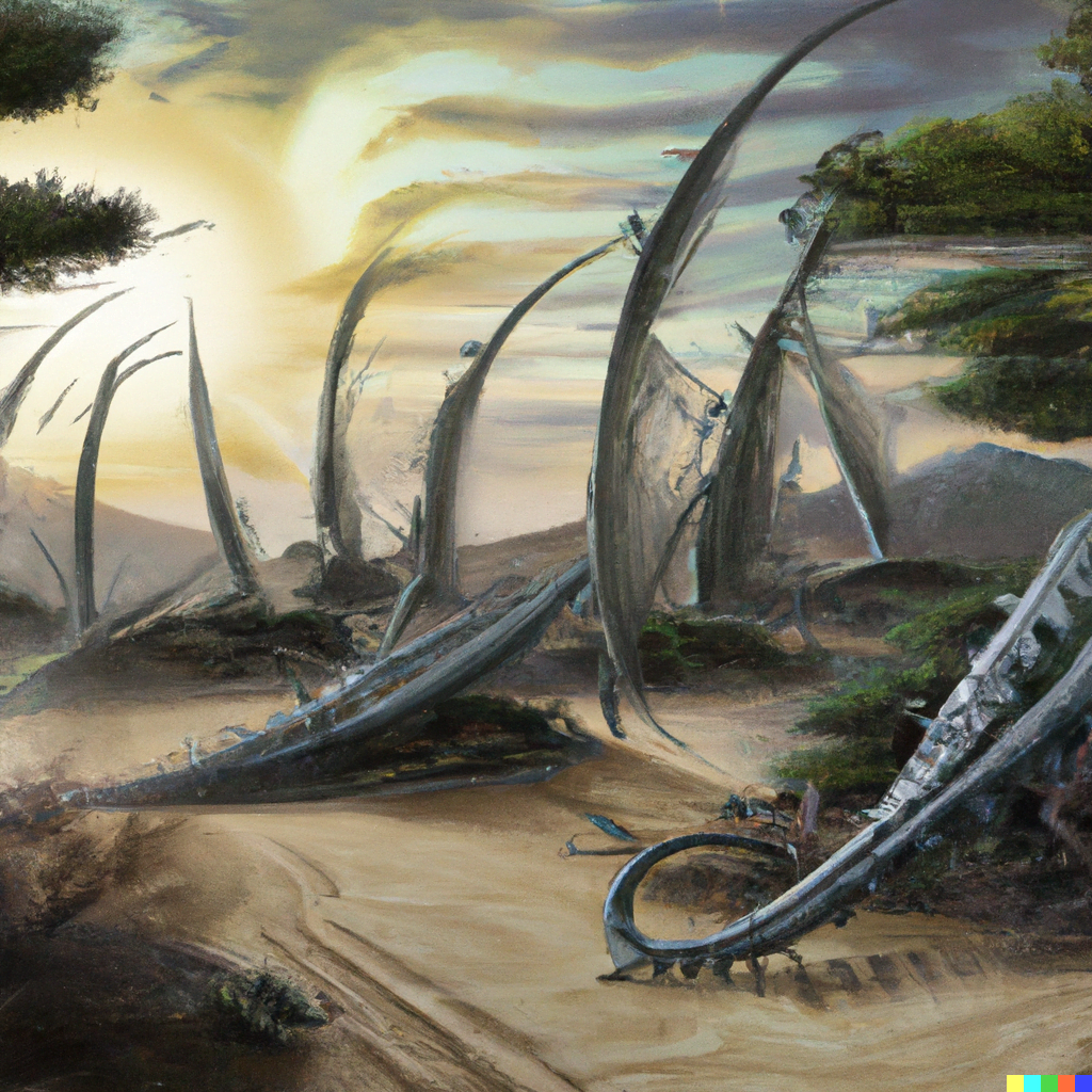 DALL·E 2022-07-17 15.05.18 – an ancient dragon skeleton graveyard landscape by Vladimir Kush