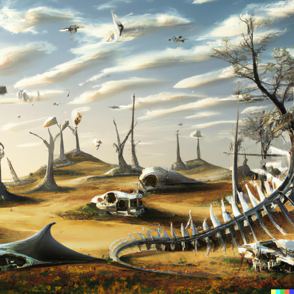 DALL·E 2022-07-17 15.05.31 – an ancient dragon skeleton graveyard landscape by Vladimir Kush
