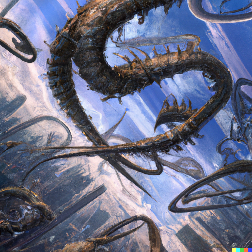 DALL·E 2022-07-17 15.06.41 – flying serpents crowd a futuristic city sky by BRUCE PENNINGTON