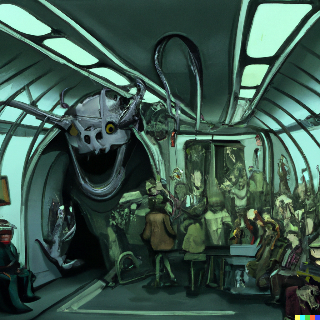 DALL·E 2022-07-17 15.09.29 – a subway filled with fantastic humanoid monsters by Tony Sart