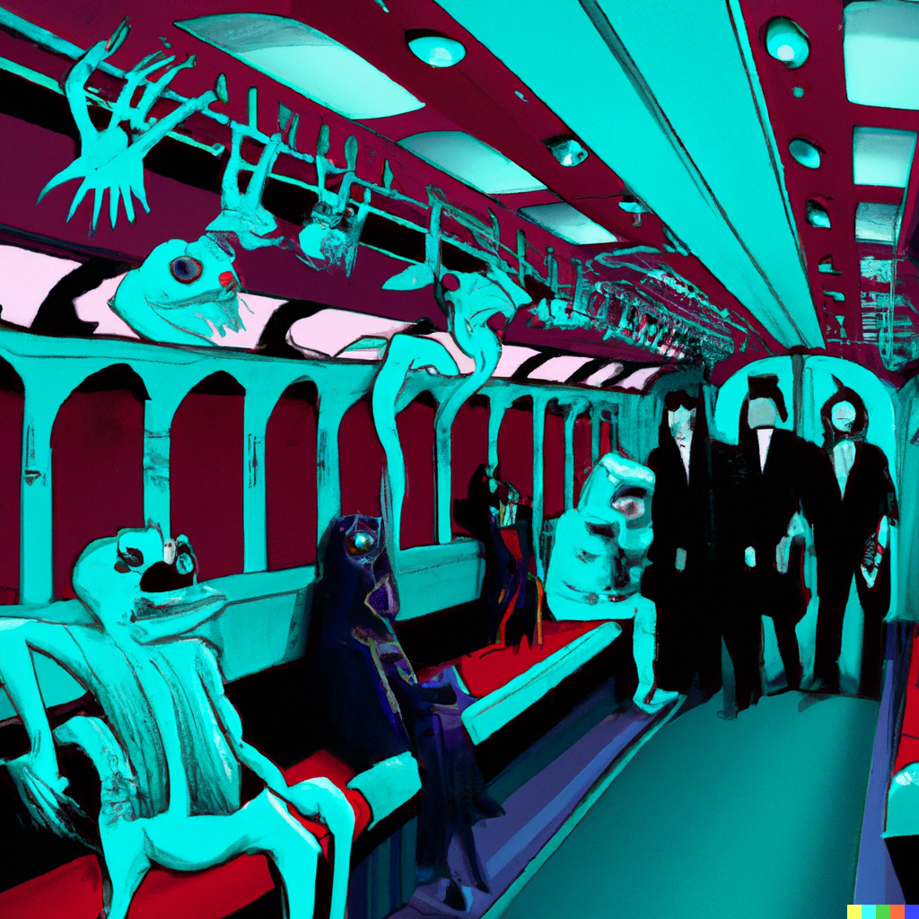 DALL·E 2022-07-17 15.09.47 – a subway filled with fantastic humanoid monsters by Tony Sart