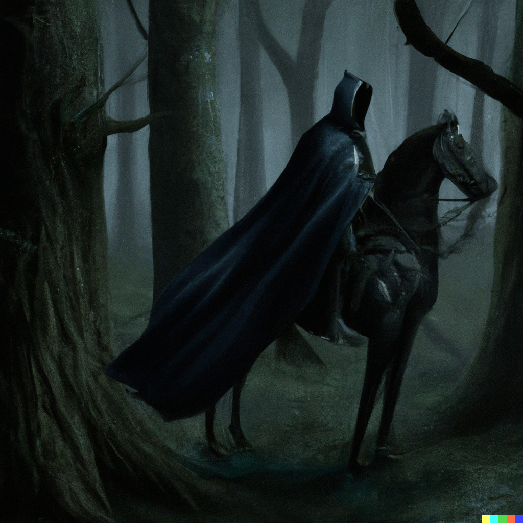 DALL·E 2022-07-17 15.11.08 – a cloaked figure on a black horse riding through a dark forest by Anato Finnstark