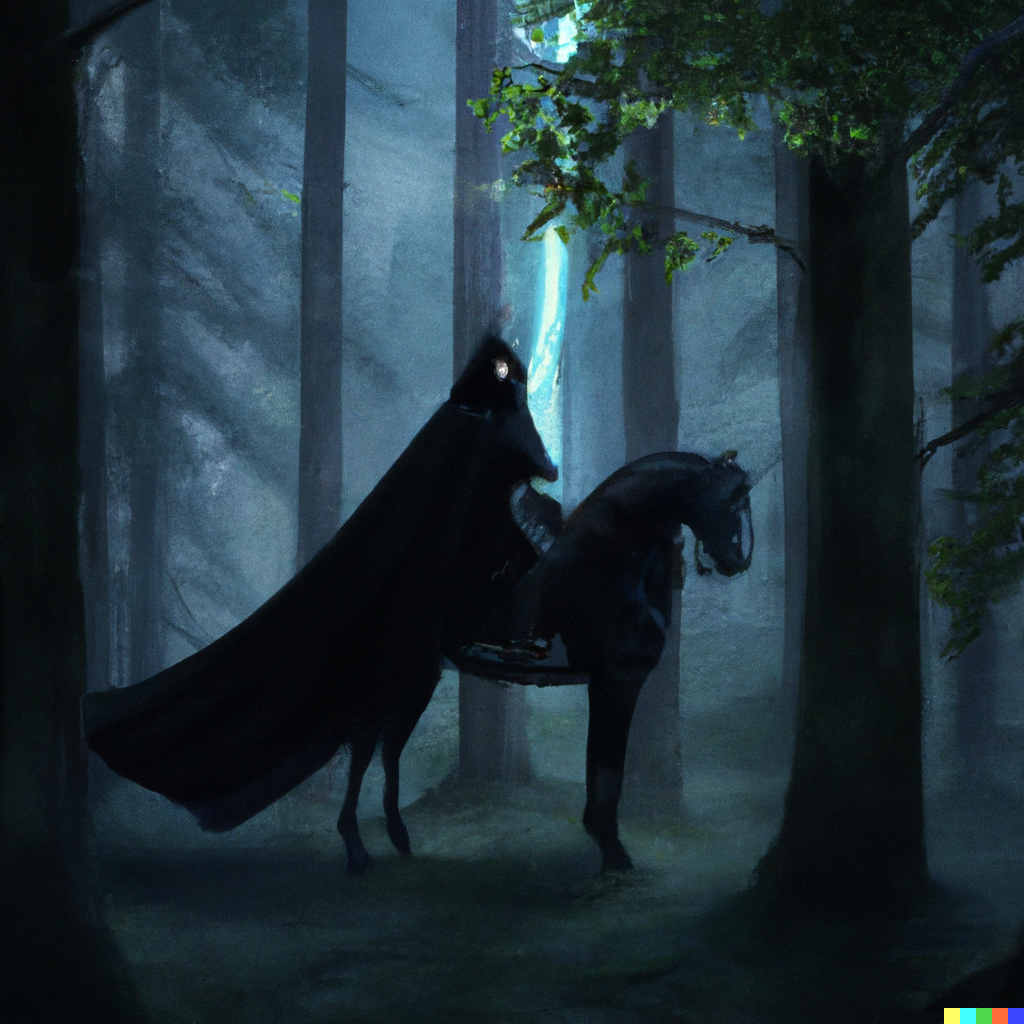 DALL·E 2022-07-17 15.11.22 – a cloaked figure on a black horse riding through a dark forest by Anato Finnstark