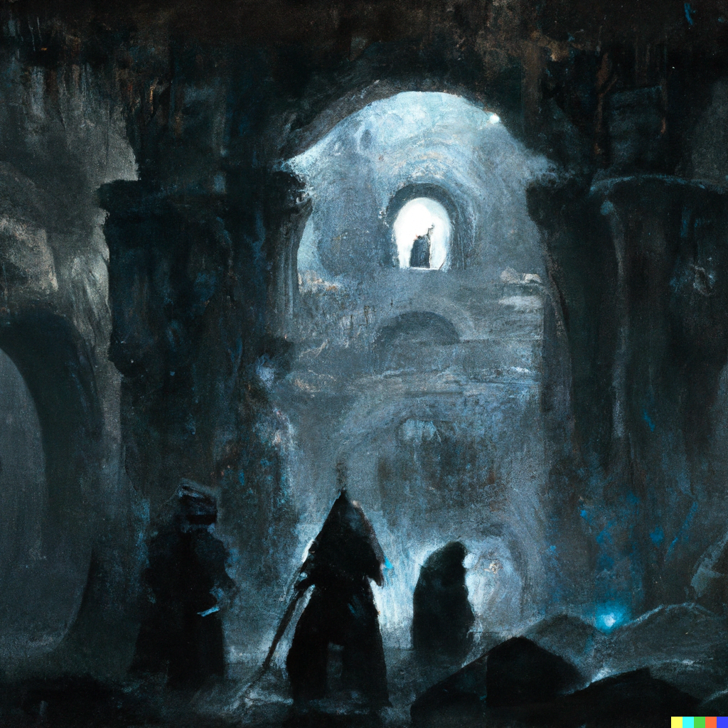 DALL·E 2022-07-17 15.18.35 – at the gates of a large dungeon a battle ends by Diego Gisbert Llorens