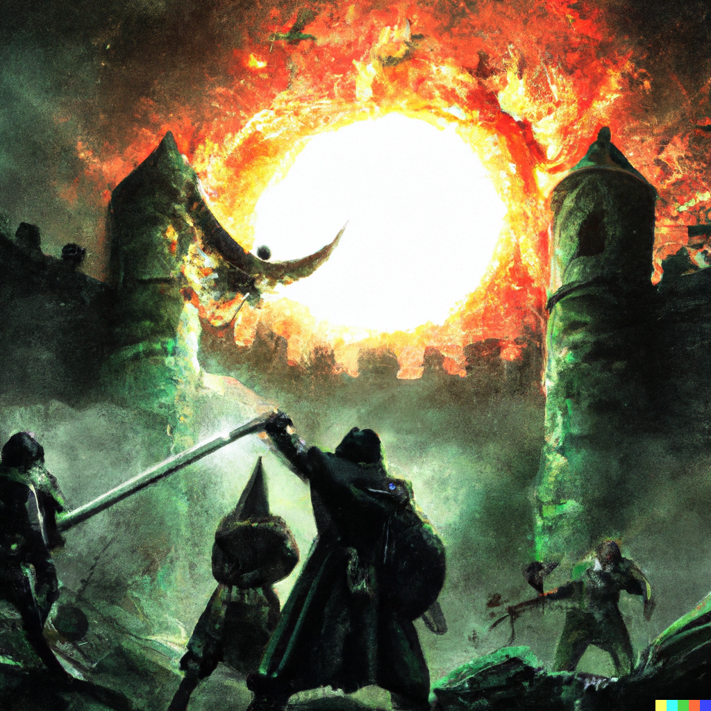 DALL·E 2022-07-17 15.18.45 – at the gates of a large dungeon a battle ends by Diego Gisbert Llorens