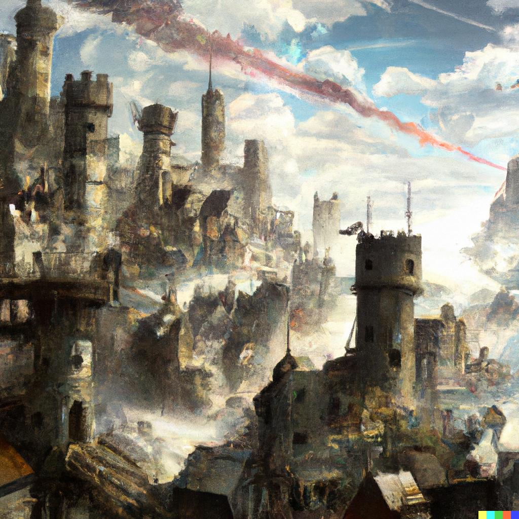DALL·E 2022-07-17 15.20.01 – an epic fortress city falling from the sky by Marc Simonetti
