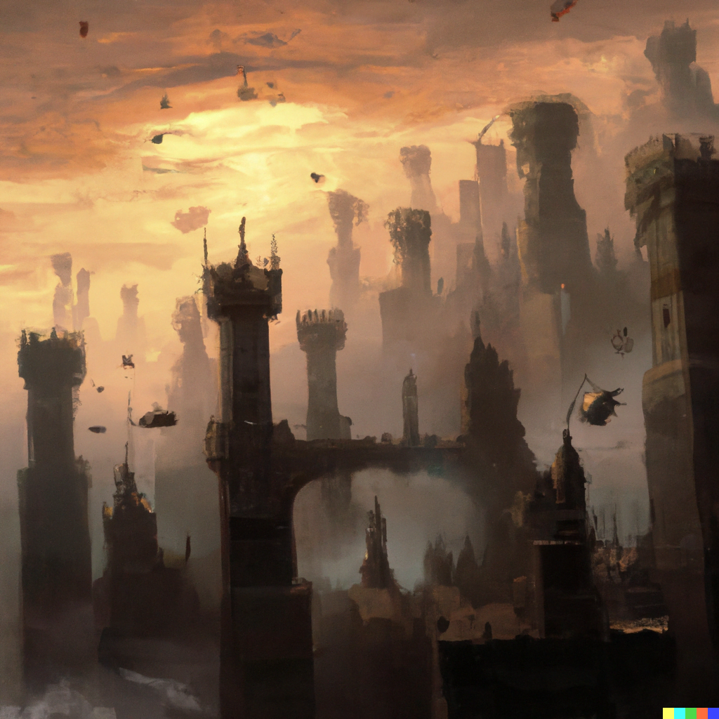 DALL·E 2022-07-17 15.20.05 – an epic fortress city falling from the sky by Marc Simonetti