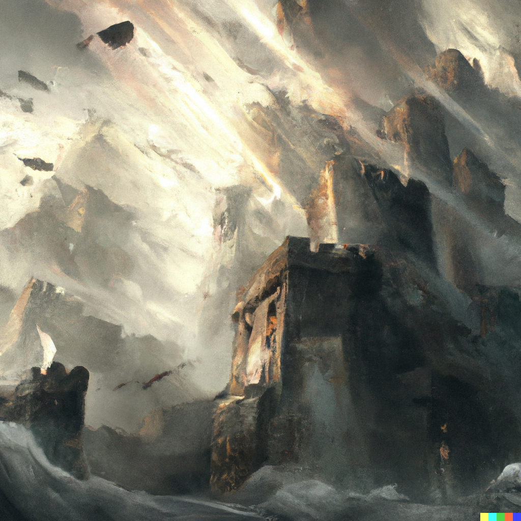 DALL·E 2022-07-17 15.20.07 – an epic fortress city falling from the sky by Marc Simonetti