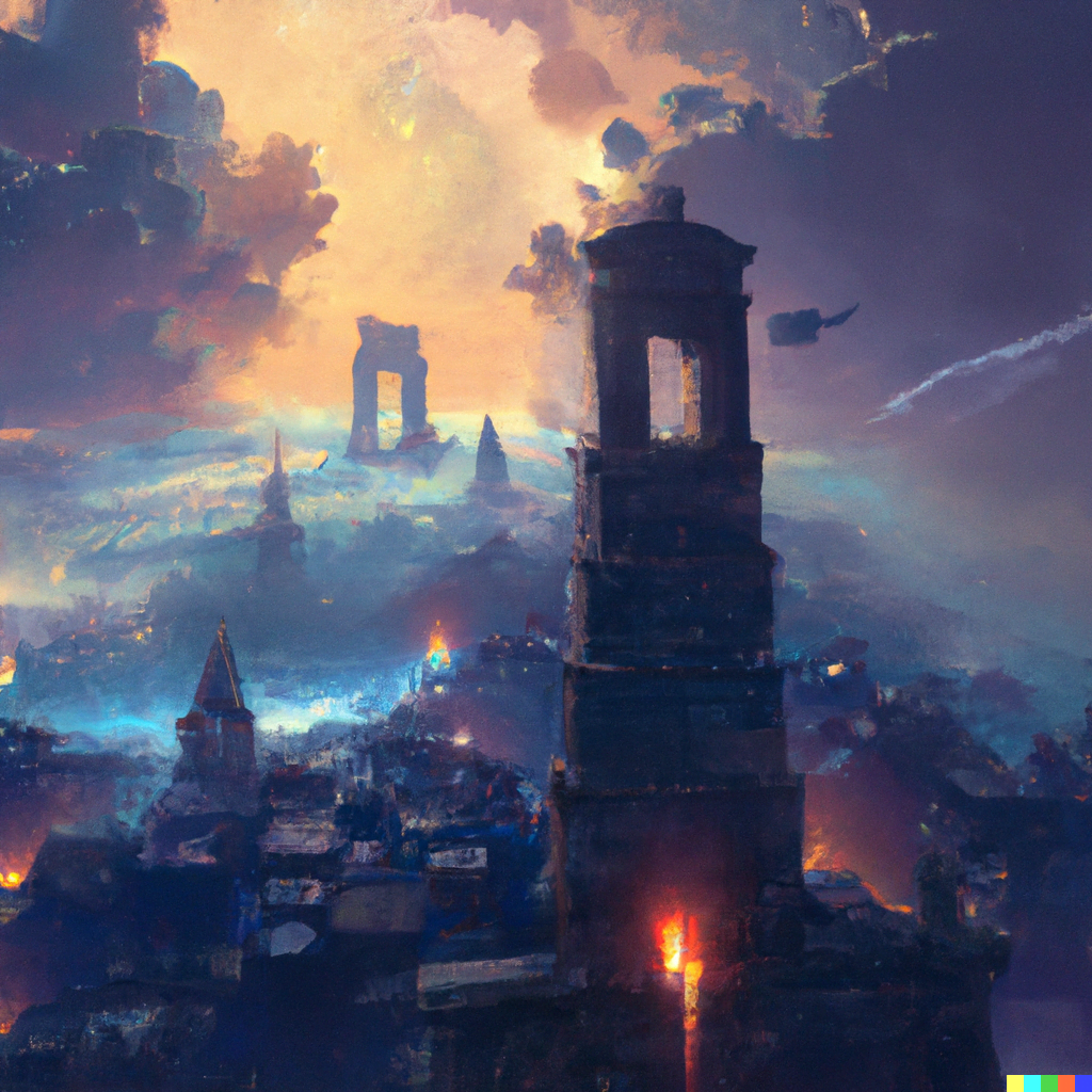 DALL·E 2022-07-17 15.30.23 – an epic city landscape with a bright tower in the center magic emanating from the top by Marc Simonetti