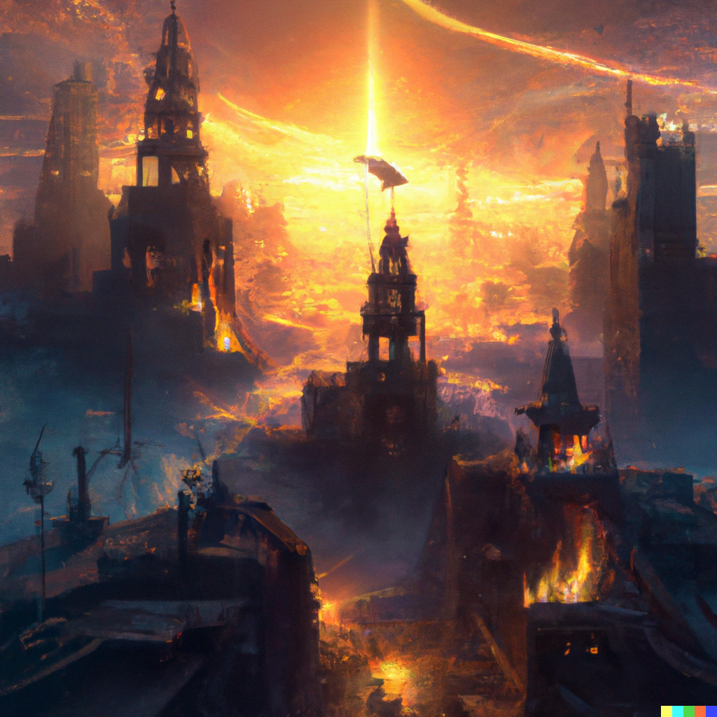 DALL·E 2022-07-17 15.30.32 – an epic city landscape with a bright tower in the center magic emanating from the top by Marc Simonetti