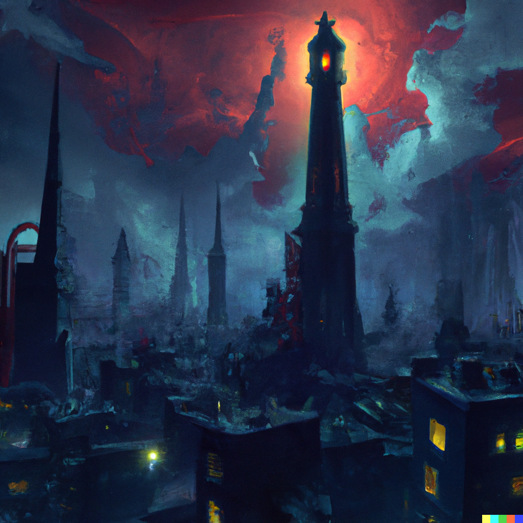 DALL·E 2022-07-17 15.30.36 – an epic city landscape with a bright tower in the center magic emanating from the top by Marc Simonetti