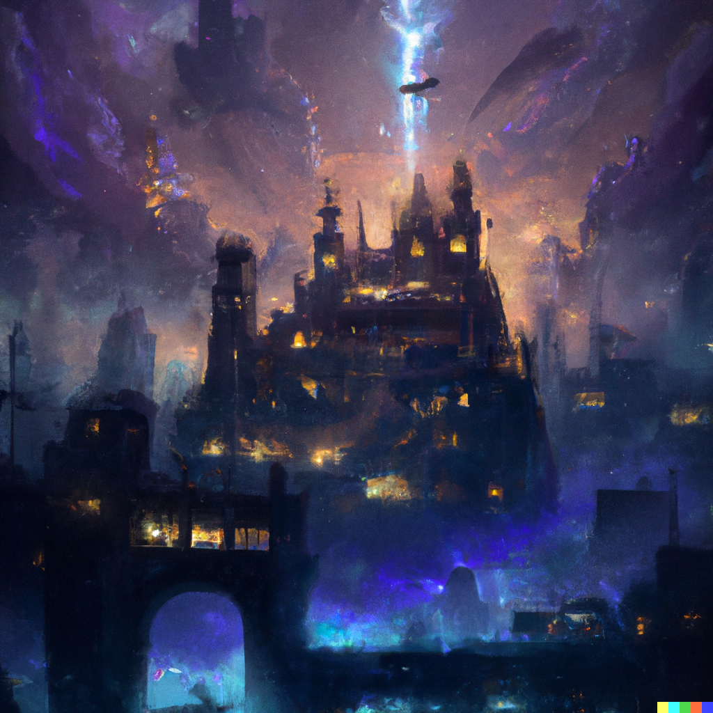 DALL·E 2022-07-17 15.30.42 – an epic city landscape with a bright tower in the center magic emanating from the top by Marc Simonetti