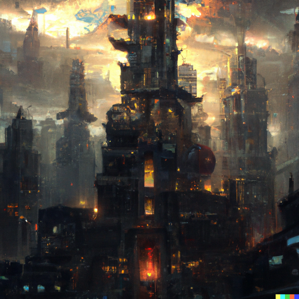 DALL·E 2022-07-17 15.31.25 – an epic city landscape with a bright tower in the center magic emanating from the top by Marc Simonetti very detailed