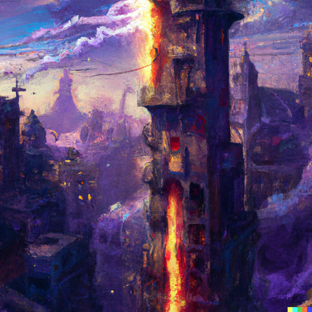 DALL·E 2022-07-17 15.31.29 – an epic city landscape with a bright tower in the center magic emanating from the top by Marc Simonetti very detailed