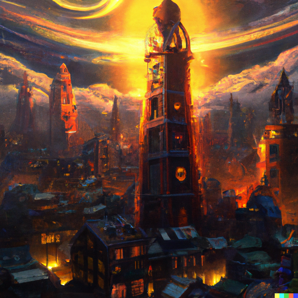 DALL·E 2022-07-17 15.31.36 – an epic city landscape with a bright tower in the center magic emanating from the top by Marc Simonetti very detailed