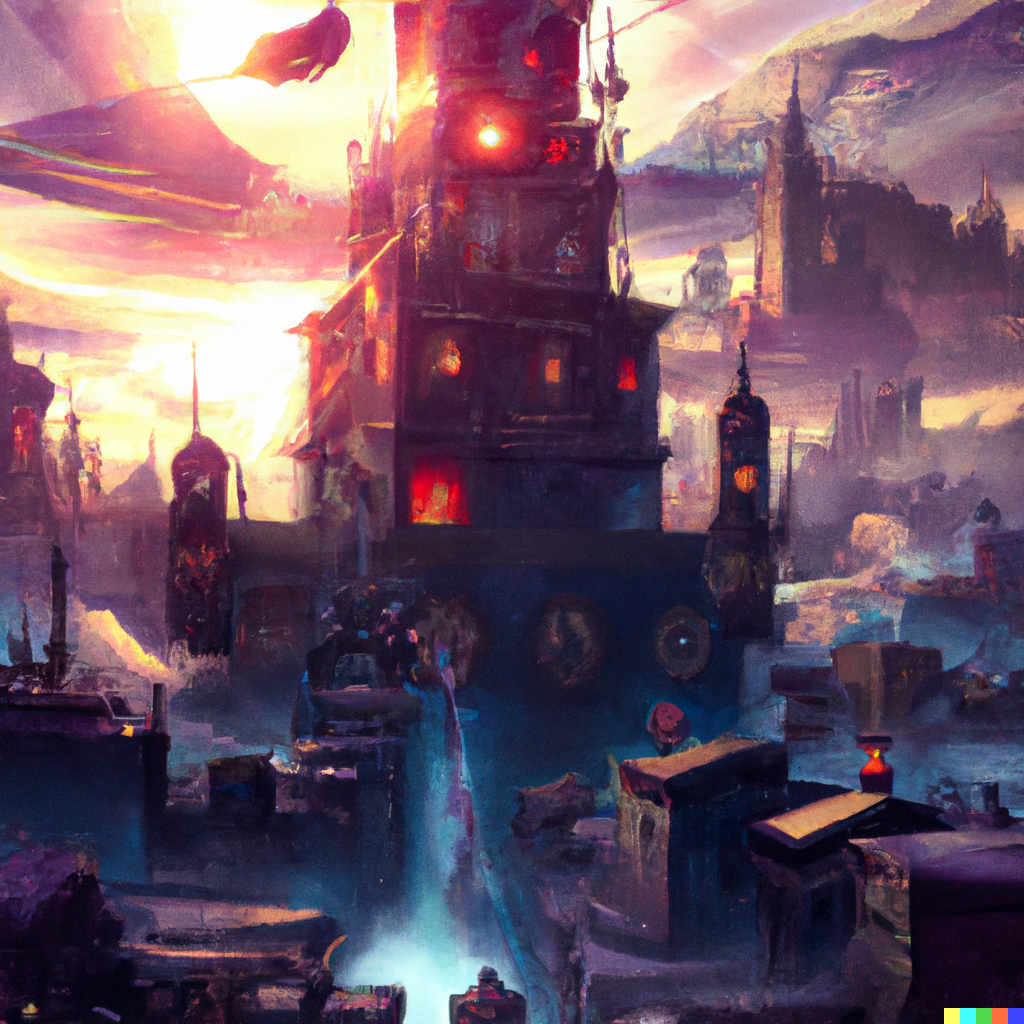 DALL·E 2022-07-17 15.31.41 – an epic city landscape with a bright tower in the center magic emanating from the top by Marc Simonetti very detailed