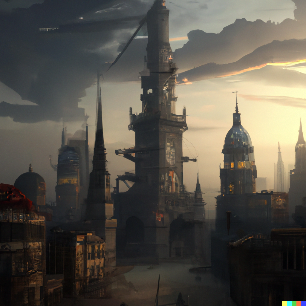 DALL·E 2022-07-17 15.31.46 – an epic city landscape with a bright tower in the center magic emanating from the top by Marc Simonetti very detailed