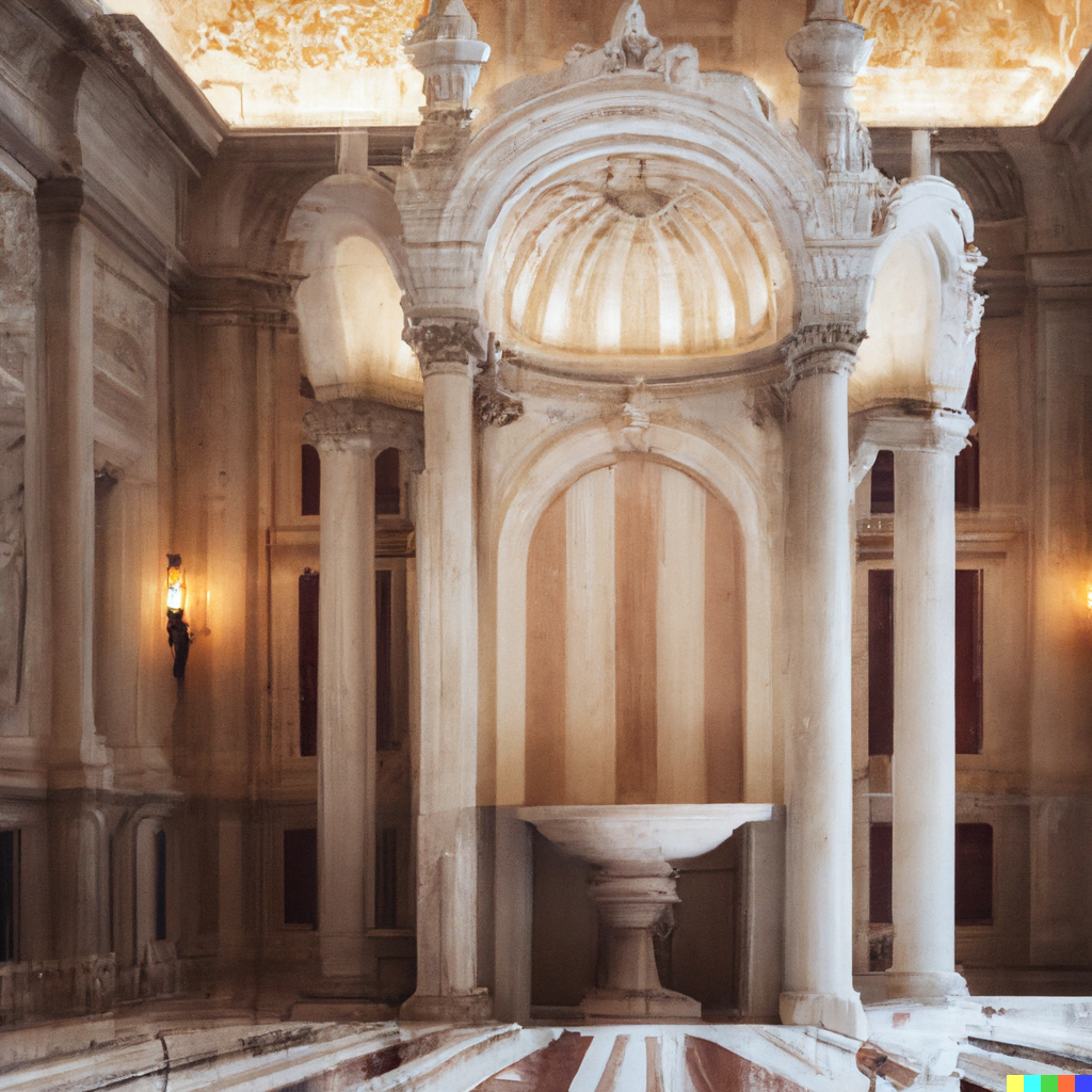 DALL·E 2022-07-17 15.56.17 – a humongous room with walls decorated with ornate marble carvings and a single pyre in the center of the room Marc Simonetti very detailed