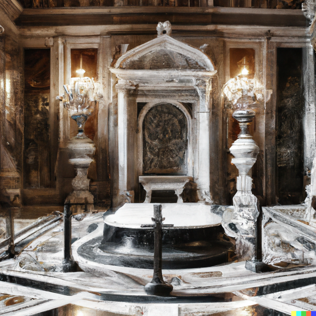 DALL·E 2022-07-17 15.56.23 – a humongous room with walls decorated with ornate marble carvings and a single pyre in the center of the room Marc Simonetti very detailed