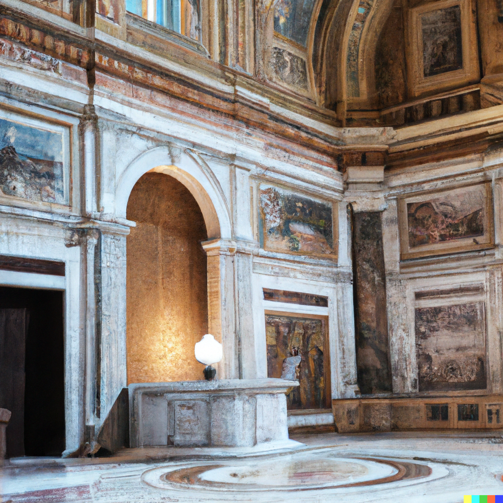 DALL·E 2022-07-17 15.56.33 – a humongous room with walls decorated with ornate marble carvings and a single pyre in the center of the room Marc Simonetti very detailed