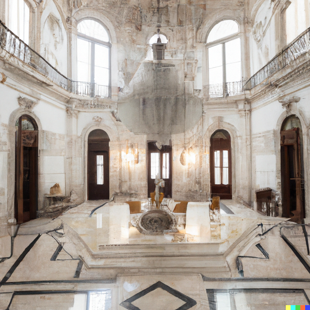 DALL·E 2022-07-17 15.56.39 – a humongous room with walls decorated with ornate marble carvings and a single pyre in the center of the room Marc Simonetti very detailed