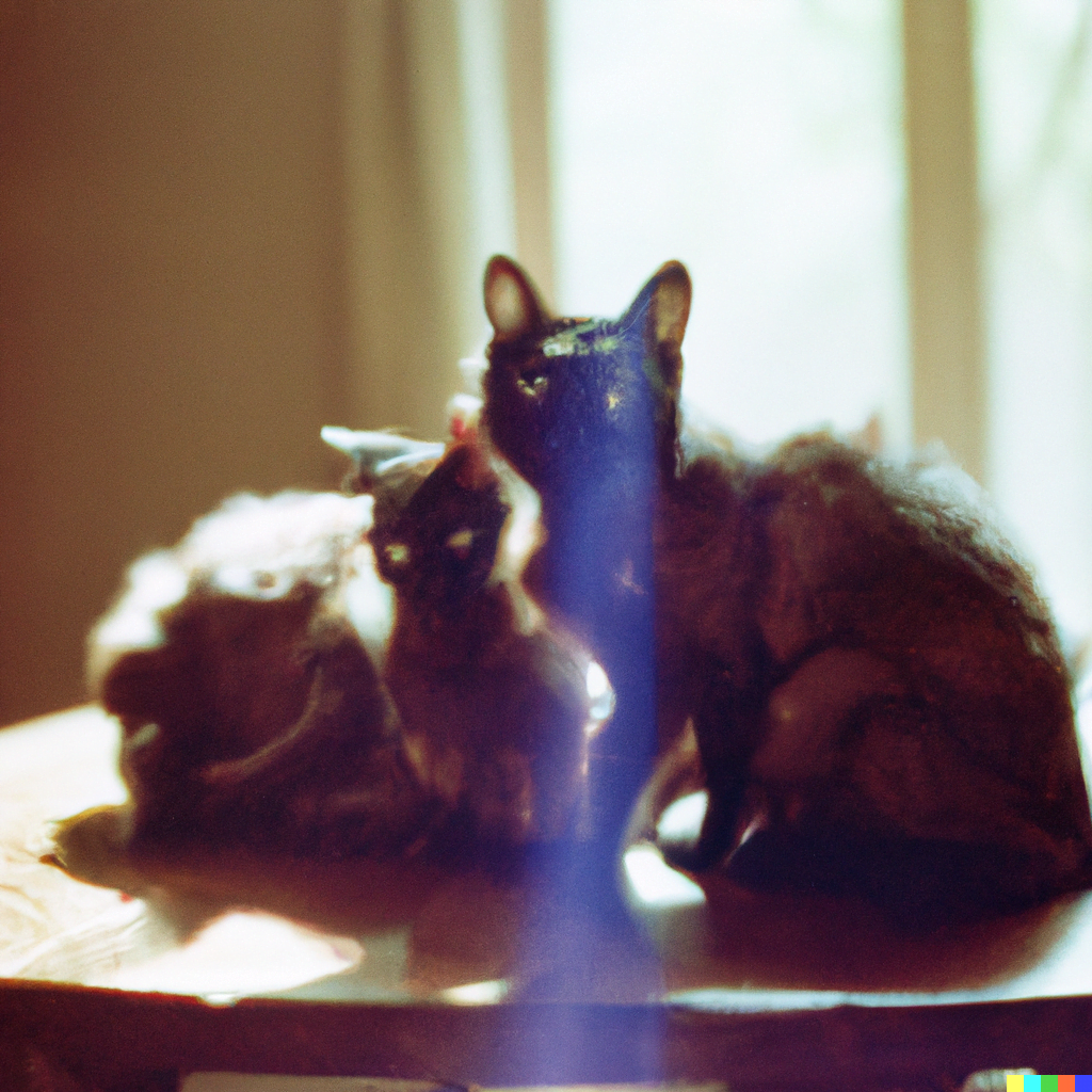 DALL·E 2022-07-18 00.07.14 – a cute fuzzy lovecraftian three headed cat sitting on a table with a sun bean casting through the window still life 35mm photograph
