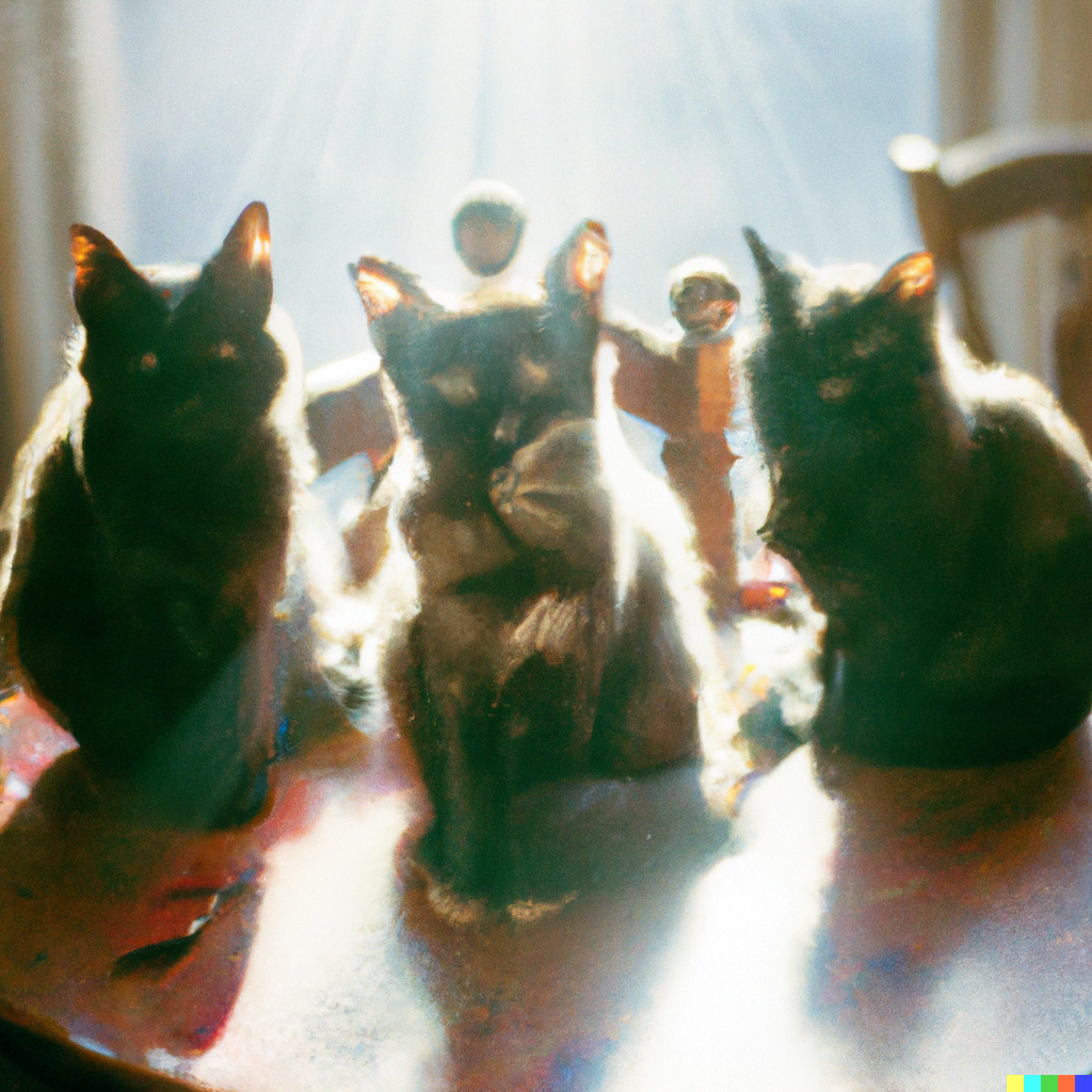 DALL·E 2022-07-18 00.07.20 – a cute fuzzy lovecraftian three headed cat sitting on a table with a sun bean casting through the window still life 35mm photograph