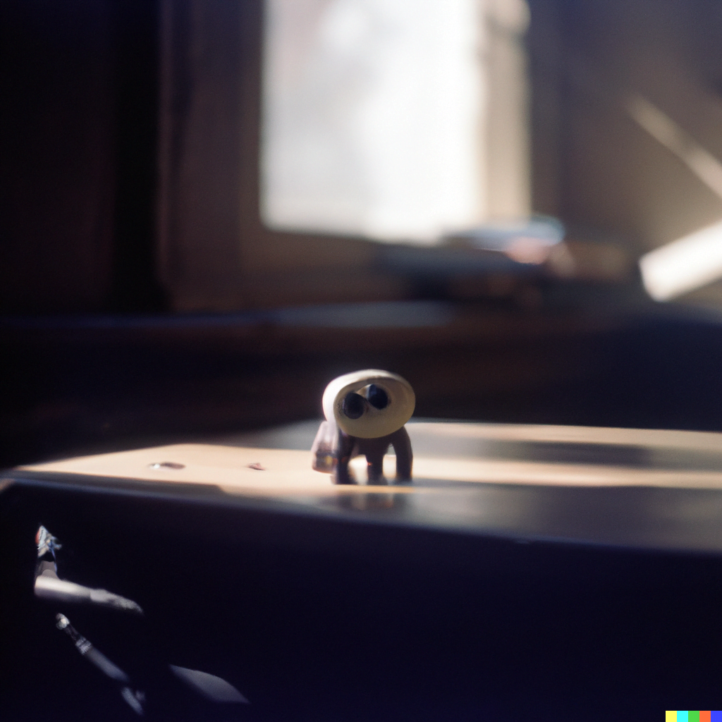 DALL·E 2022-07-18 00.08.26 – lovecraftian cute monster sitting on a table with a sun beam casting through the window still life 35mm photograph