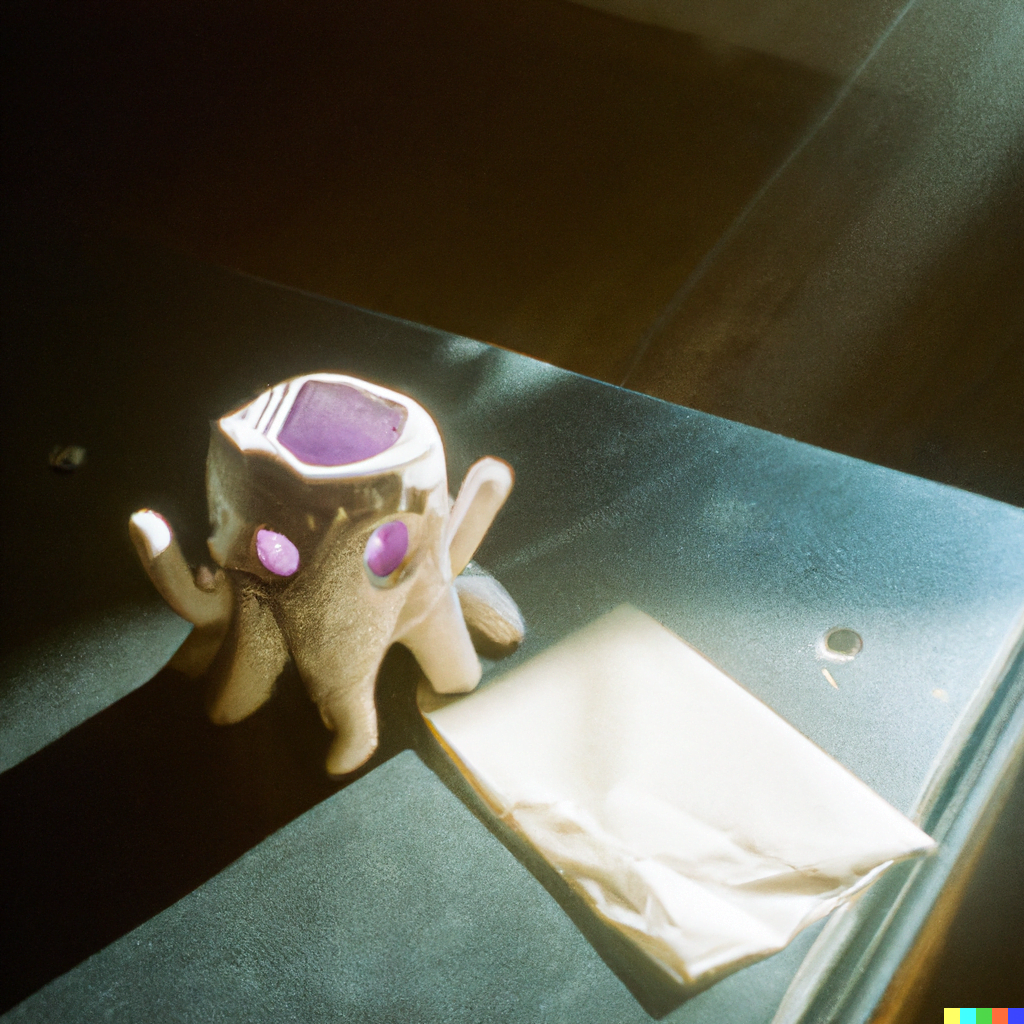 DALL·E 2022-07-18 00.08.32 – lovecraftian cute monster sitting on a table with a sun beam casting through the window still life 35mm photograph