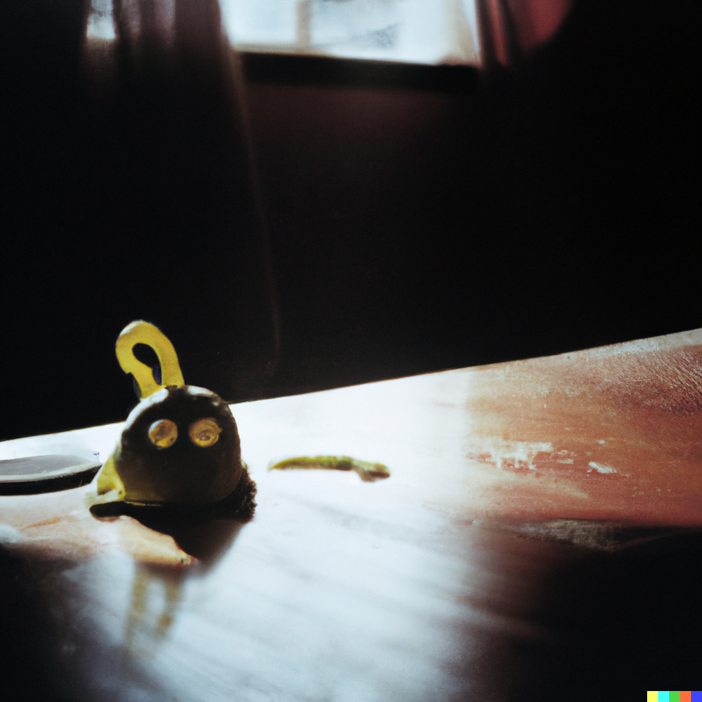 DALL·E 2022-07-18 00.08.39 – lovecraftian cute monster sitting on a table with a sun beam casting through the window still life 35mm photograph