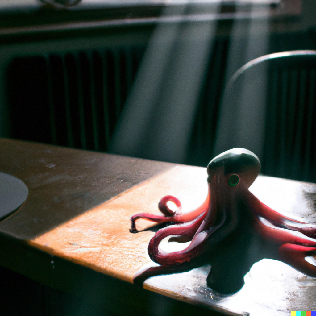 DALL·E 2022-07-18 00.09.42 – slimy Cthulhu monster with glowing eyes and tentacles sitting on a table with a sun beam casting through the window still life 35mm photograph